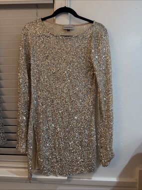 East+West Champagne Sequin Long Sleeve Dress
